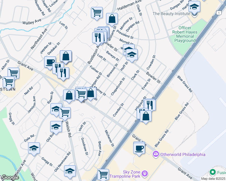 map of restaurants, bars, coffee shops, grocery stores, and more near 9624 Chapelcroft Street in Philadelphia