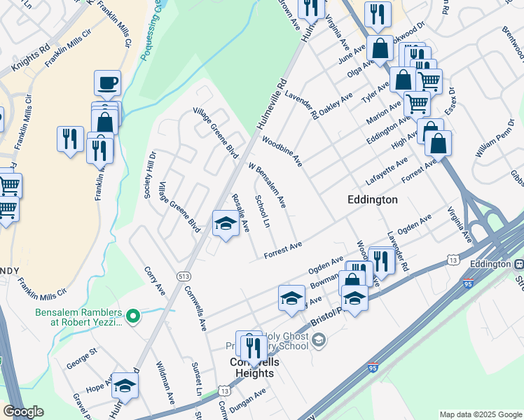 map of restaurants, bars, coffee shops, grocery stores, and more near 1456 School Lane in Bensalem