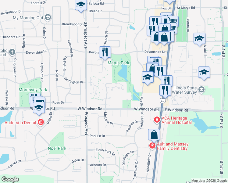 map of restaurants, bars, coffee shops, grocery stores, and more near 2204 Melrose Drive in Champaign