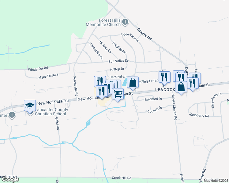 map of restaurants, bars, coffee shops, grocery stores, and more near 333 West Main Street in Leacock-Leola-Bareville