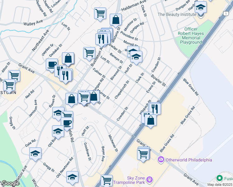 map of restaurants, bars, coffee shops, grocery stores, and more near 9624 Chapelcroft Street in Philadelphia