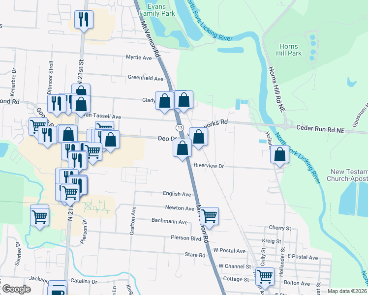 map of restaurants, bars, coffee shops, grocery stores, and more near 1041 Mount Vernon Road in Newark