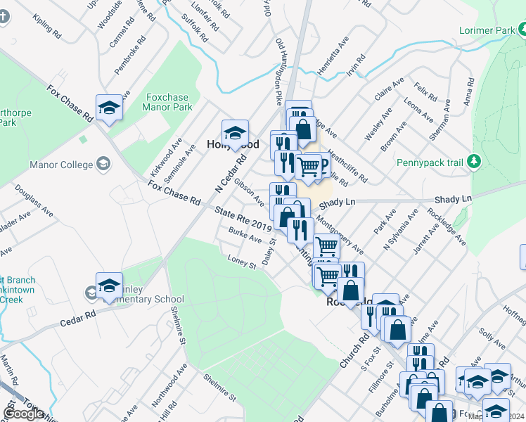 map of restaurants, bars, coffee shops, grocery stores, and more near 536 Gibson Avenue in Jenkintown