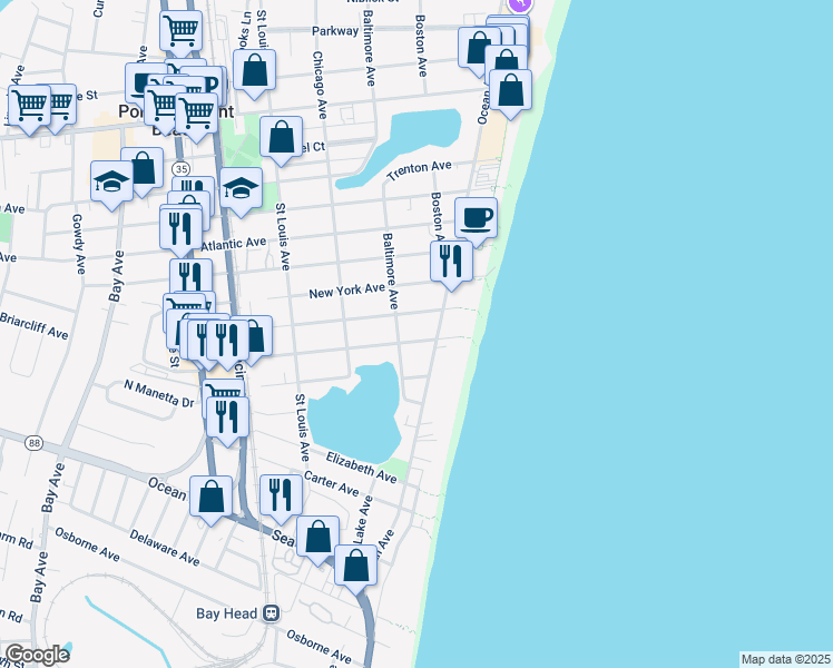 map of restaurants, bars, coffee shops, grocery stores, and more near 1205 Ocean Avenue in Point Pleasant Beach