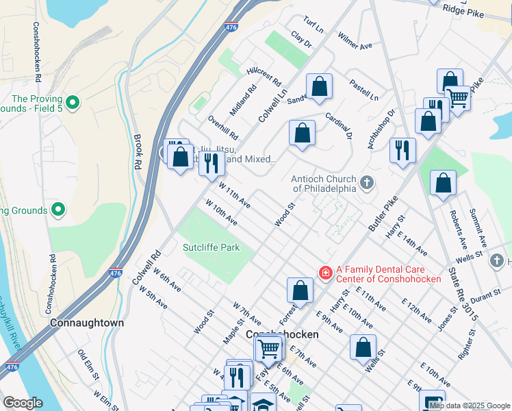 map of restaurants, bars, coffee shops, grocery stores, and more near 334 West 11th Avenue in Conshohocken