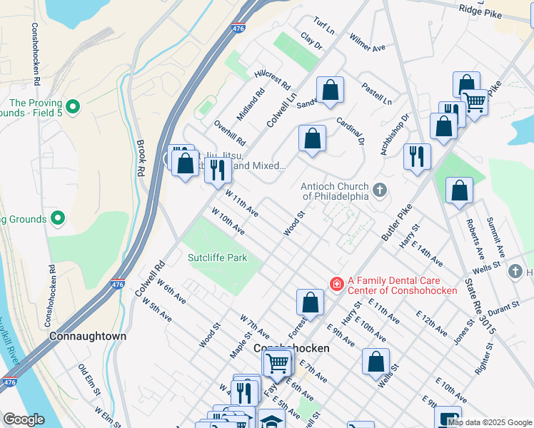 map of restaurants, bars, coffee shops, grocery stores, and more near 334 West 11th Avenue in Conshohocken