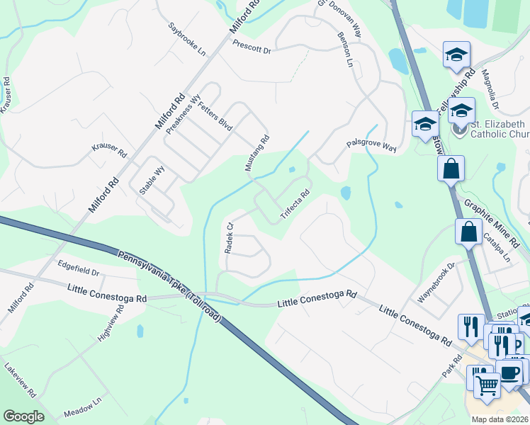 map of restaurants, bars, coffee shops, grocery stores, and more near 125 Radek Court in Downingtown