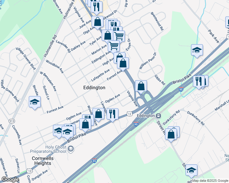 map of restaurants, bars, coffee shops, grocery stores, and more near 1241 Beverly Avenue in Eddington