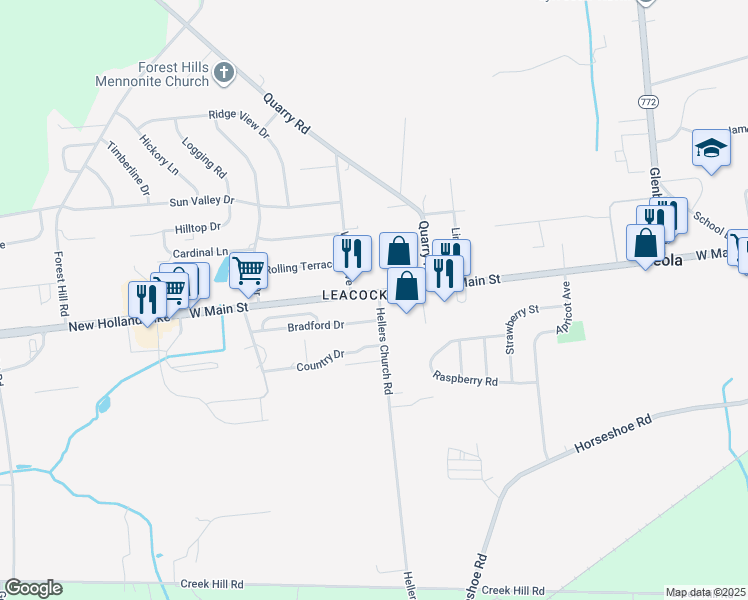 map of restaurants, bars, coffee shops, grocery stores, and more near 278 West Main Street in Leacock-Leola-Bareville