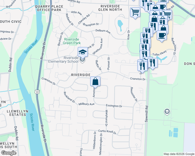 map of restaurants, bars, coffee shops, grocery stores, and more near 6449 Baffin Drive in Dublin