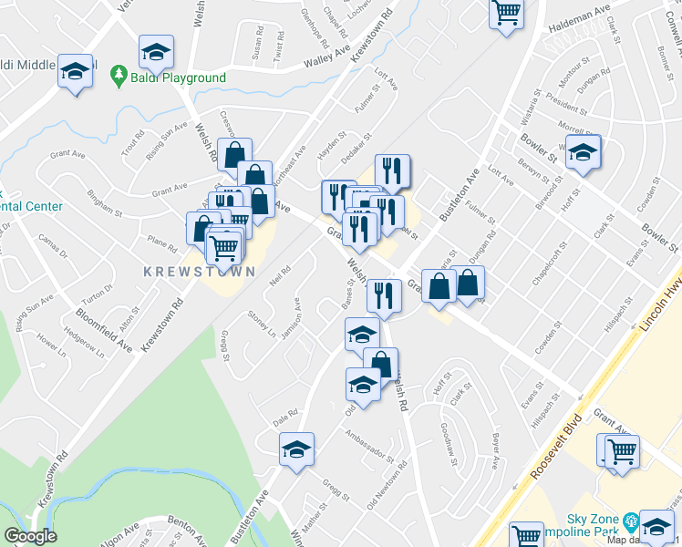 map of restaurants, bars, coffee shops, grocery stores, and more near 1630 Welsh Road in Philadelphia