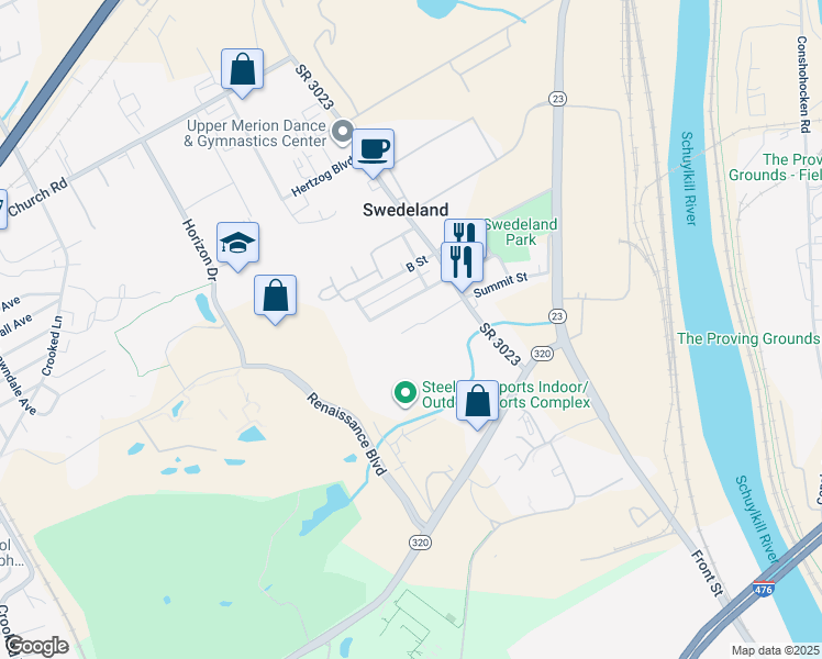 map of restaurants, bars, coffee shops, grocery stores, and more near 559 Summit Street in King of Prussia