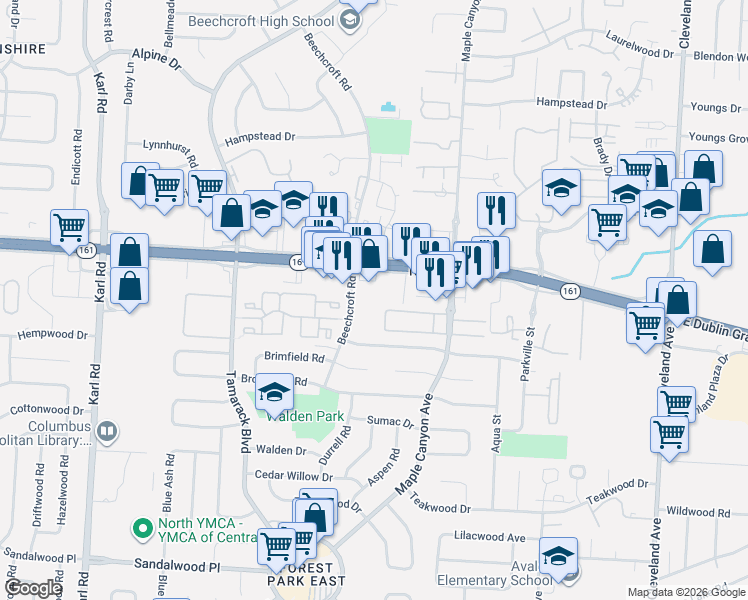 map of restaurants, bars, coffee shops, grocery stores, and more near 2015 East Dublin Granville Road in Columbus
