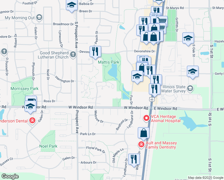 map of restaurants, bars, coffee shops, grocery stores, and more near 1915 Melrose Drive in Champaign