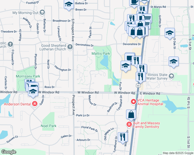 map of restaurants, bars, coffee shops, grocery stores, and more near 2204 Melrose Drive in Champaign