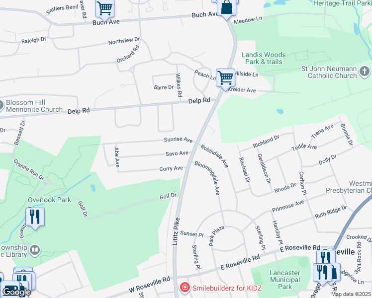 map of restaurants, bars, coffee shops, grocery stores, and more near 9 Savo Avenue in Lancaster