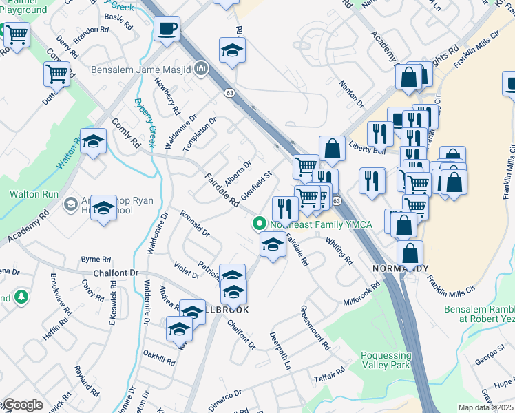 map of restaurants, bars, coffee shops, grocery stores, and more near 12002 Elmore Road in Philadelphia