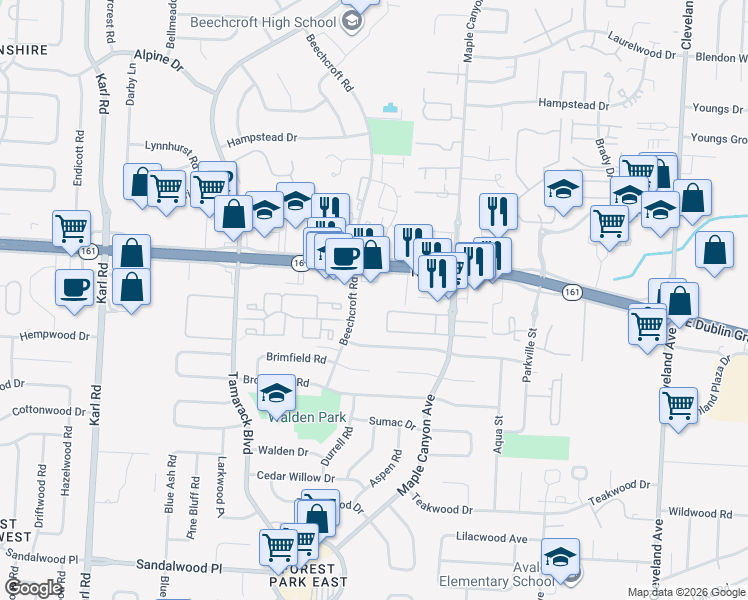 map of restaurants, bars, coffee shops, grocery stores, and more near 5732 Beechcroft Road in Columbus