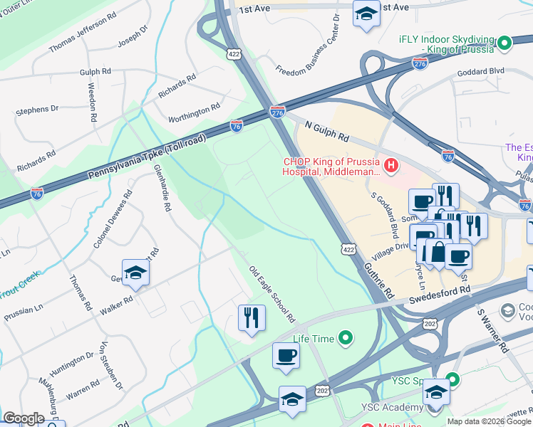 map of restaurants, bars, coffee shops, grocery stores, and more near 168 Drummers Lane in Wayne