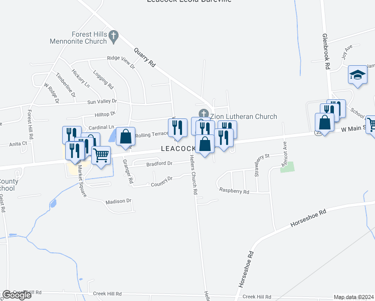 map of restaurants, bars, coffee shops, grocery stores, and more near 4 Hellers Church Road in Leacock-Leola-Bareville