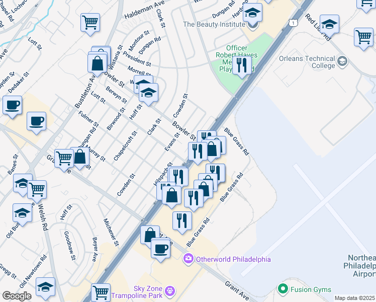 map of restaurants, bars, coffee shops, grocery stores, and more near 9708 Roosevelt Boulevard in Philadelphia