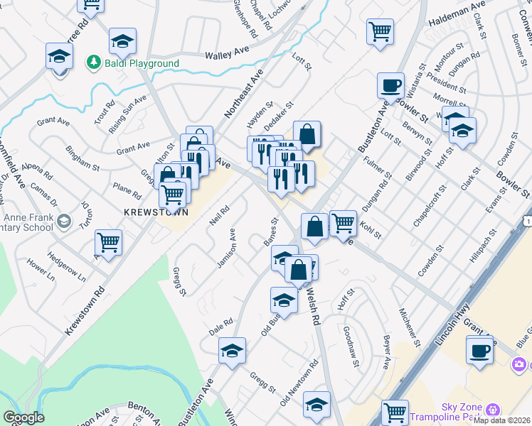 map of restaurants, bars, coffee shops, grocery stores, and more near 1630 Welsh Road in Philadelphia