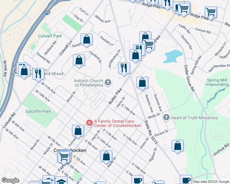 map of restaurants, bars, coffee shops, grocery stores, and more near 1408 Butler Pike in Conshohocken