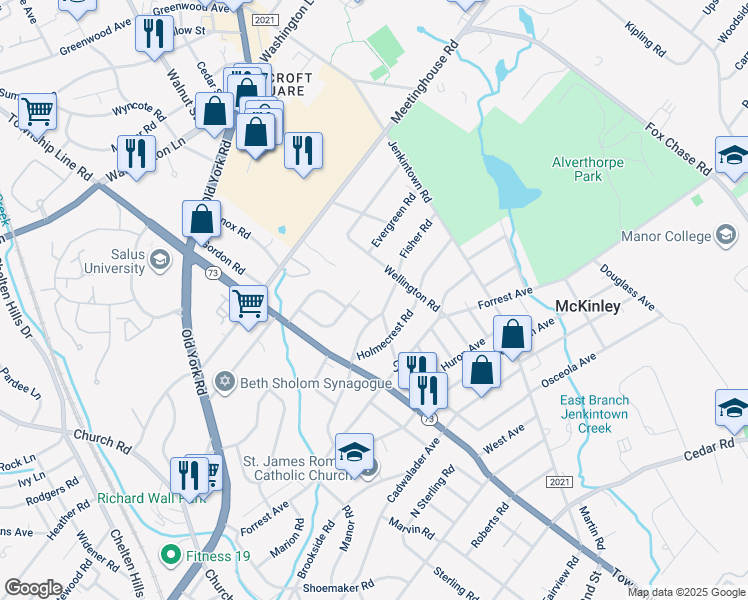 map of restaurants, bars, coffee shops, grocery stores, and more near 1062 Wellington Road in Jenkintown