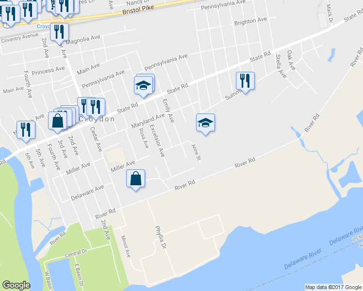 map of restaurants, bars, coffee shops, grocery stores, and more near 1010 Emily Avenue in Croydon