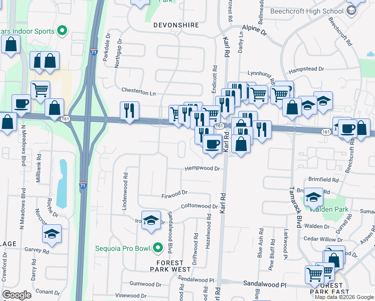 map of restaurants, bars, coffee shops, grocery stores, and more near 5806 Thada Lane in Columbus