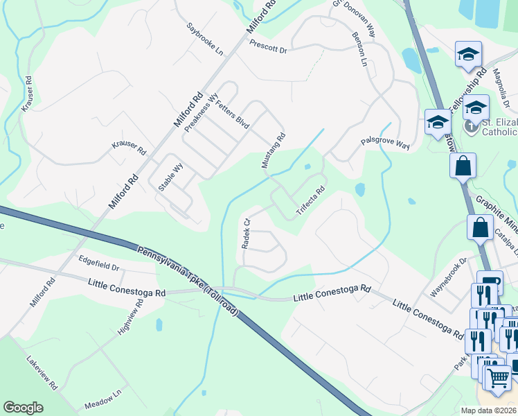 map of restaurants, bars, coffee shops, grocery stores, and more near 125 Radek Court in Downingtown