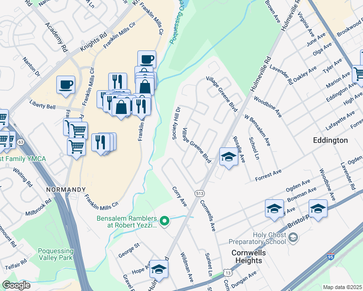 map of restaurants, bars, coffee shops, grocery stores, and more near 1411 Society Hill Drive in Bucks County