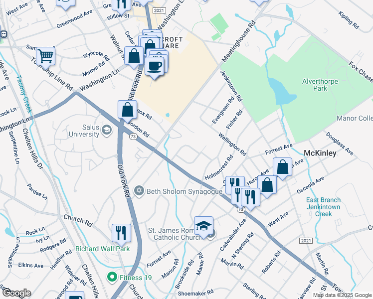 map of restaurants, bars, coffee shops, grocery stores, and more near 1090 Squirrel Road in Jenkintown