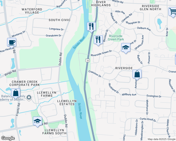 map of restaurants, bars, coffee shops, grocery stores, and more near 3444 Cranston Drive in Dublin
