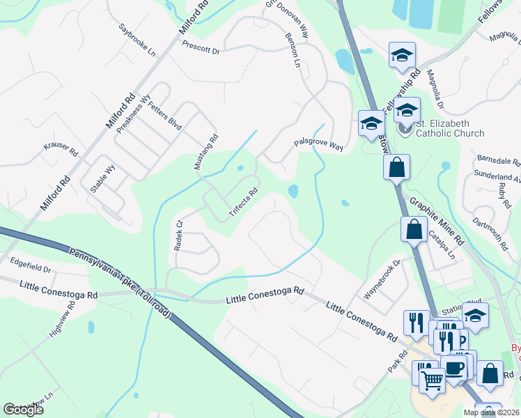 map of restaurants, bars, coffee shops, grocery stores, and more near 142 Christine Drive in Downingtown