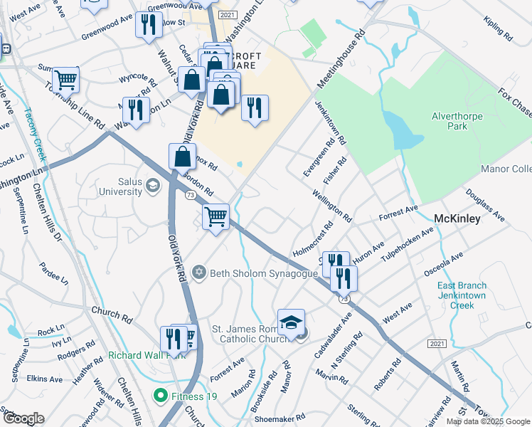 map of restaurants, bars, coffee shops, grocery stores, and more near 1090 Squirrel Road in Jenkintown