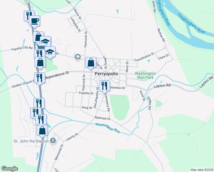 map of restaurants, bars, coffee shops, grocery stores, and more near 206 Liberty Street in Masontown