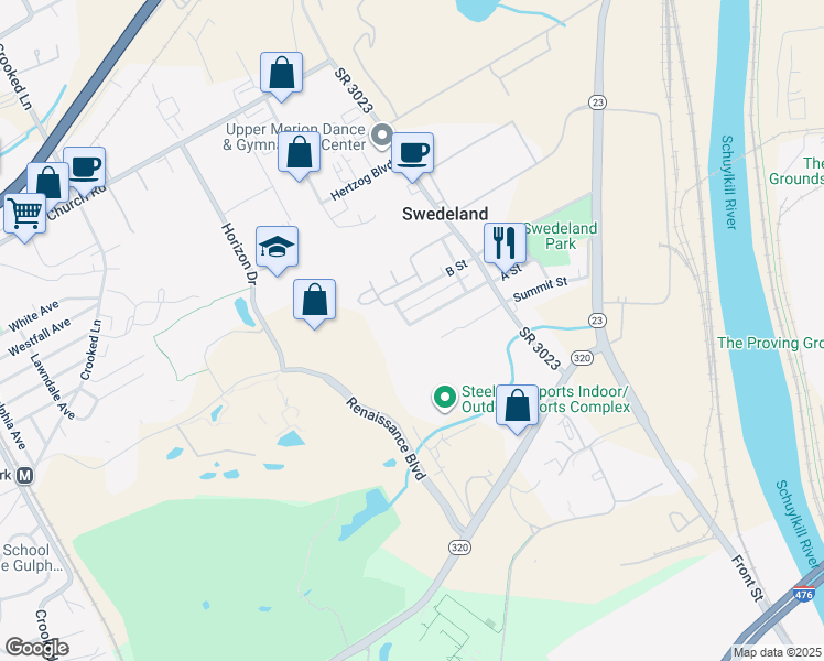 map of restaurants, bars, coffee shops, grocery stores, and more near 551 A Street in King of Prussia