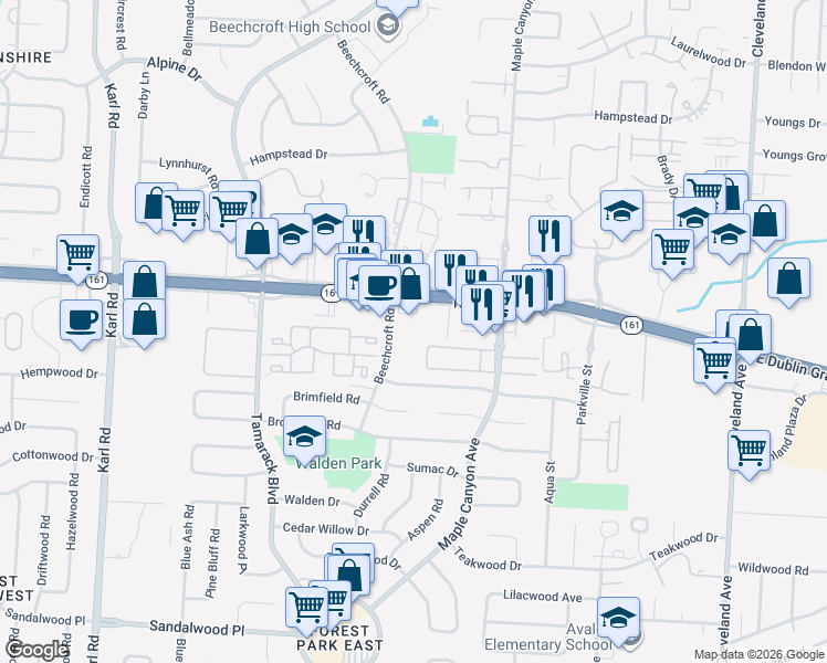 map of restaurants, bars, coffee shops, grocery stores, and more near 2015 East Dublin Granville Road in Columbus
