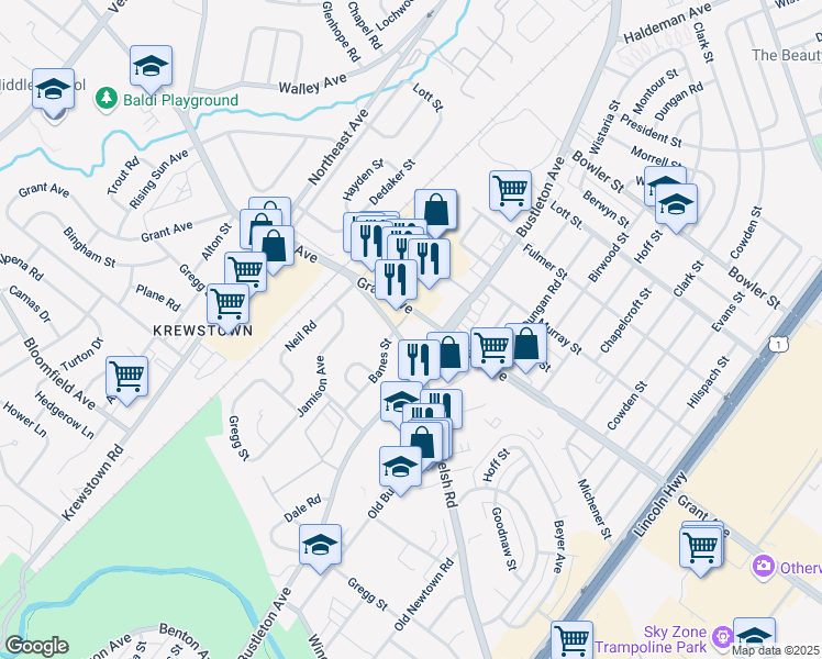 map of restaurants, bars, coffee shops, grocery stores, and more near 1700 Grant Avenue in Philadelphia