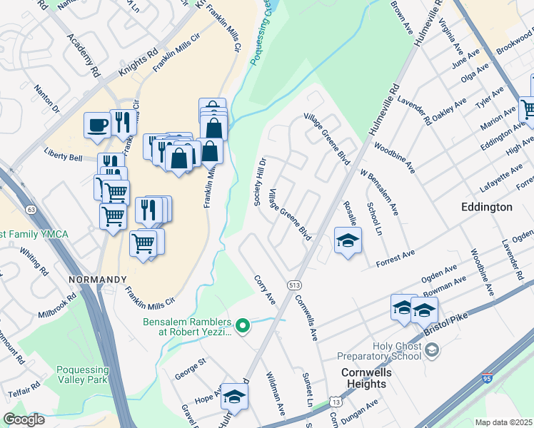 map of restaurants, bars, coffee shops, grocery stores, and more near 1411 Society Hill Drive in Bucks County