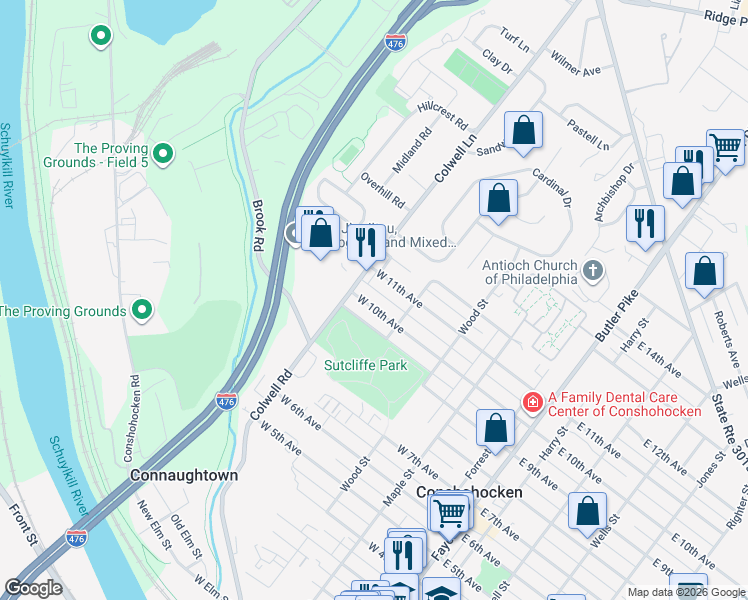 map of restaurants, bars, coffee shops, grocery stores, and more near 430 West 10th Avenue in Conshohocken