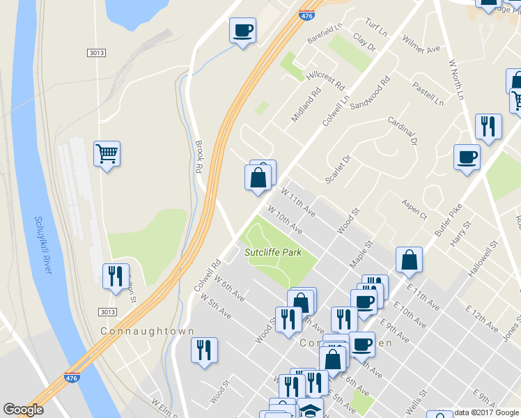 map of restaurants, bars, coffee shops, grocery stores, and more near 451 West 10th Avenue in Conshohocken