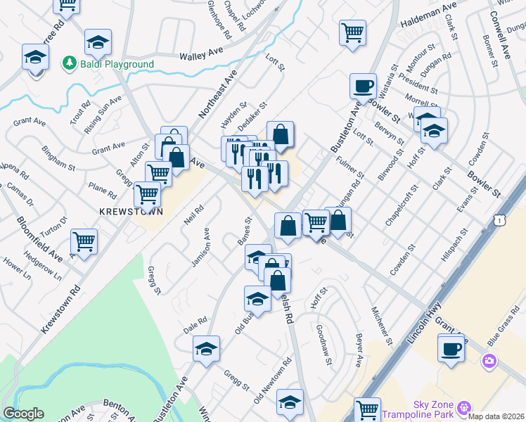 map of restaurants, bars, coffee shops, grocery stores, and more near 1689 Grant Avenue in Philadelphia