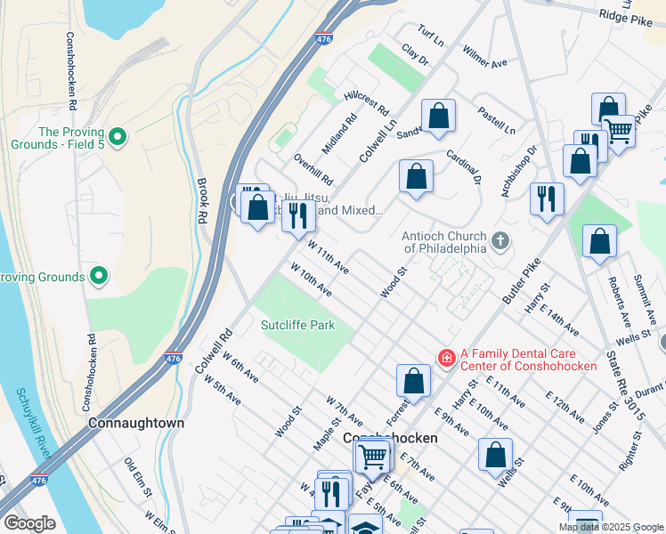 map of restaurants, bars, coffee shops, grocery stores, and more near 407 West 11th Avenue in Conshohocken