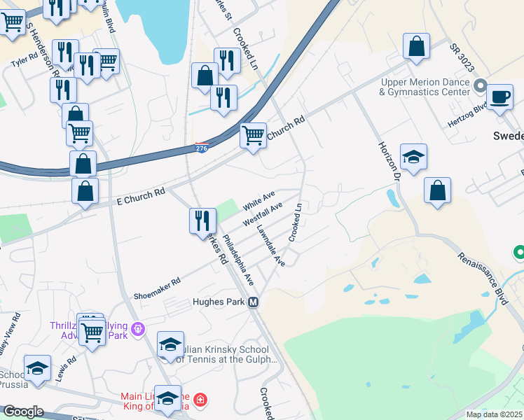 map of restaurants, bars, coffee shops, grocery stores, and more near 261 White Avenue in King of Prussia
