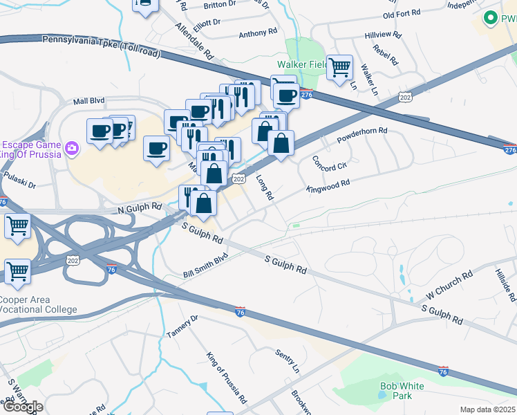 map of restaurants, bars, coffee shops, grocery stores, and more near 128A Wilson Road in King of Prussia