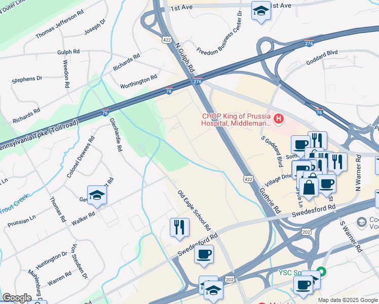 map of restaurants, bars, coffee shops, grocery stores, and more near 63 Drummers Lane in Wayne