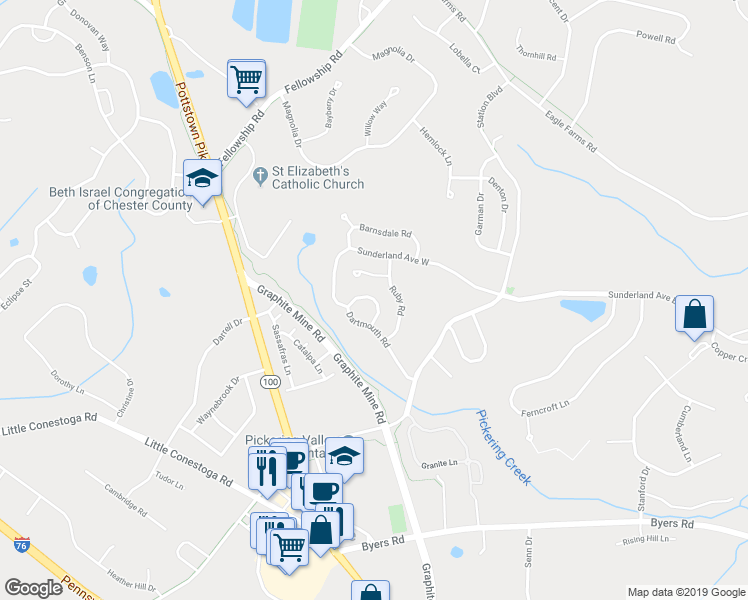 map of restaurants, bars, coffee shops, grocery stores, and more near 503 Bonnie Lane in Chester Springs