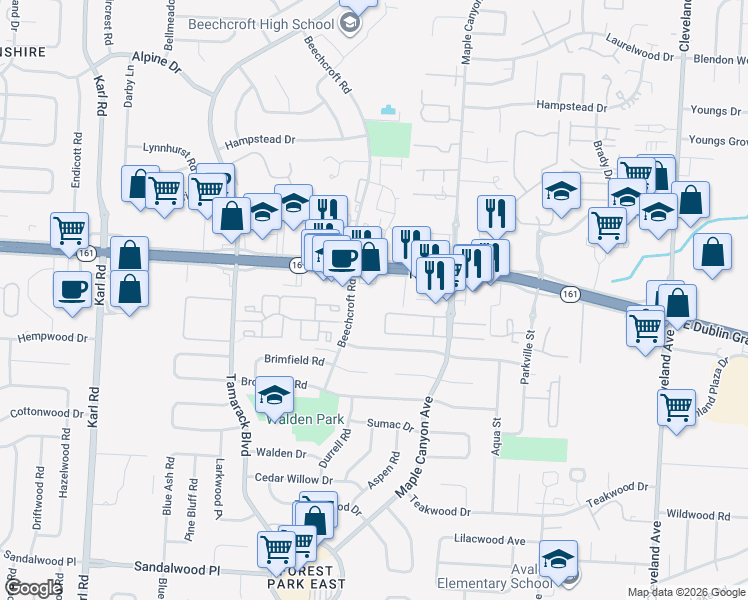map of restaurants, bars, coffee shops, grocery stores, and more near 2015 East Dublin Granville Road in Columbus
